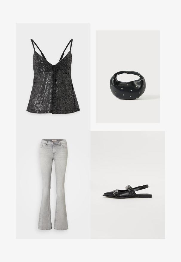 Sort ærmeløs top med tynde stropper og bindebånd foran, dækket af skinnende sorte palietter, vist på en ensfarvet lys baggrund.; Grå denim jeans med flared ben, tætsiddende talje, fem lomme-design og let slidte områder. Med knaplukning og syet kant.; Even&Odd by Zalando Slingback-ballerinasko - black; Sort læderhåndtaske med en rundet form, dekoreret med sølvnitter, og et kort håndtag. Glat tekstur og lynlåslukning.