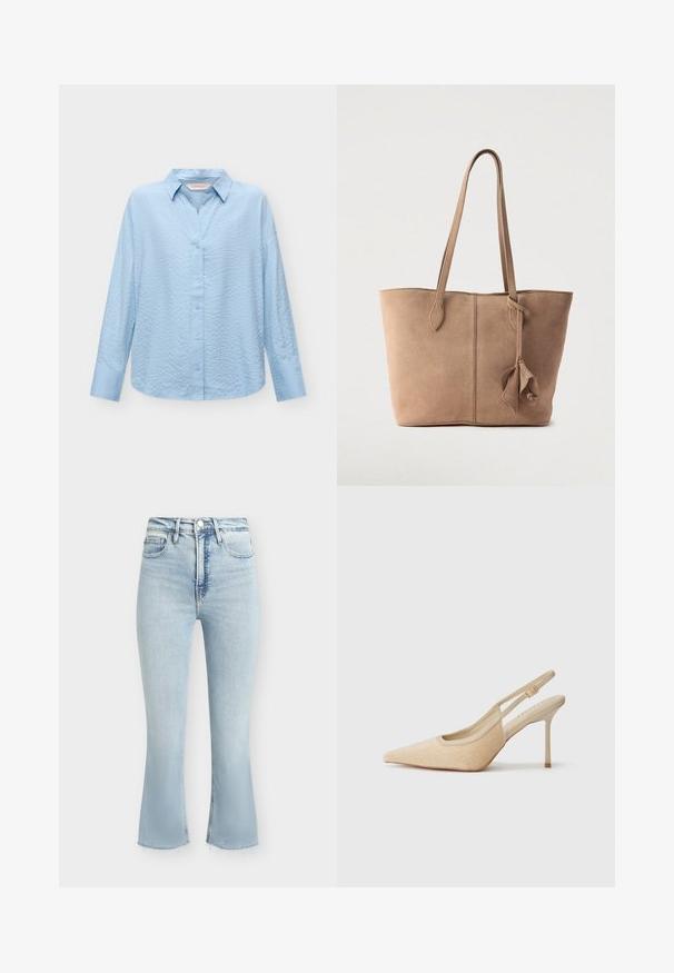 Lichtblauw overhemd met lange mouwen en knopen, subtiele gestippelde structuur en klassieke kraag, weergegeven op een effen achtergrond.; Lichtblauwe denim high-waist jeans met knoop en rits aan de voorkant, vijf zakken en licht uitlopende cropped pijpen met ruwe zomen.; Beige slingback hoge hakken met een spitse neus, gemaakt van textuurmateriaal, met een slanke hak en een verstelbare band.; Suède shopper in gedempte beige kleur met twee lange hengsels, een eenvoudig ontwerp en een geknoopte accentdetail aan de zijkant. Overal een gladde textuur.