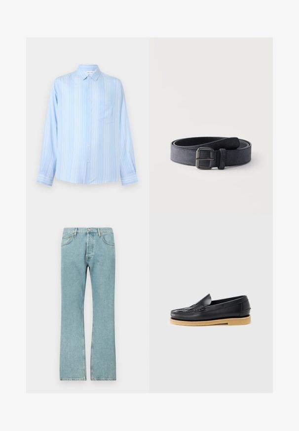 Lichtblauw overhemd met lange mouwen, knopen, witte verticale strepen en een borstzak op een effen grijze achtergrond.; Lichtblauwe denim jeans met een recht model, voorzien van vijf zakken en een knoopsluiting. Zichtbare stiksels en rafelige zoomdetails.; Zwarte leren loafer met geweven details op de neus en een lichtbruine crepezool, zijaanzicht op een witte achtergrond.; Donkerblauwe suède riem opgerold, met een rechthoekige metalen gesp en gestikte randen op een effen lichte achtergrond.