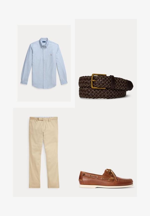 Camisa de manga larga azul claro con rayas verticales blancas y un pequeño logo bordado de Polo Ralph Lauren en el pecho.; Pantalones beige de corte recto con trabillas para cinturón y cremallera frontal, colocados planos sobre un fondo blanco.; Zapato náutico de cuero marrón con suela blanca, cordones atados en la parte superior y ojales metálicos a lo largo de los lados y la costura delantera.; Cinturón de cuero trenzado marrón oscuro con hebilla rectangular dorada enrollado sobre un fondo claro.