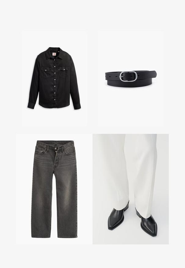 Schwarzdenim-Hemd mit langen Ärmeln, Knopfverschluss, zwei Brusttaschen und klassischen Kragen. Verfügt über eine strukturierte Oberfläche und weiße Knöpfe.; Schwarze Jeans aus Denim mit geradem Bein, hoher Taille und Knopfleiste. Verfügt über dezentes Ausbleichen und kontrastierende Nähte.; Schwarze spitz zulaufende Stiefeletten aus glattem Leder mit flachen Blockabsätzen, kombiniert mit weißen, weiten Hosen. Schlichtes und modernes Design.; Schwarzer Leder Gürtel mit glatter Textur, ovaler silberner Metallschnalle und mehreren Einstelllöchern entlang des Riemens. Flaches, minimalistisches Design.