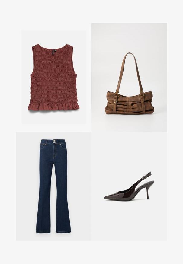 Brun ærmeløs top med struktureret vandret rynkning og en lille flæse i bunden.; Mørkeblå denimjeans med høj talje, dobbelt knaplukning, forlommer og let udvidede ben.; Slingback højhælet sko i glat mørkebrun patenteret læder, spids tå, åbne sider og justerbar ankelrem.; Even&Odd Håndtasker - brown