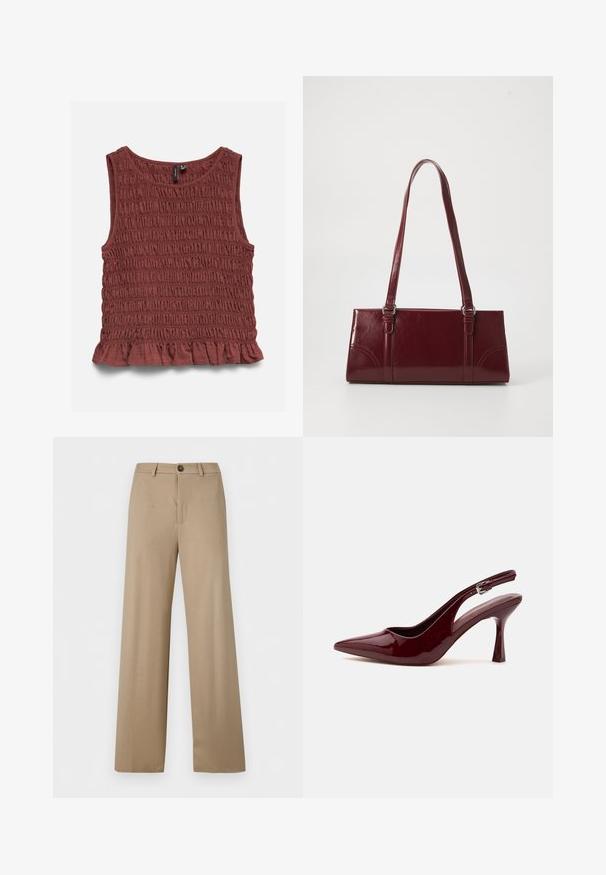 Top marrón sin mangas con fruncido horizontal texturizado y un pequeño volante en el dobladillo inferior.; Pantalones beige de talle alto, pierna ancha, con trabillas para cinturón y cierre de un solo botón en la cintura.; Zapato de tacón alto con puntera puntiaguda y tira trasera en color rojo oscuro brillante, con una delgada correa ajustable y tacón de aguja afilado sobre fondo blanco.; Bolso burdeos hecho de material brillante, de forma rectangular, con dos asas para el hombro y sutiles acentos curvados en la parte frontal.