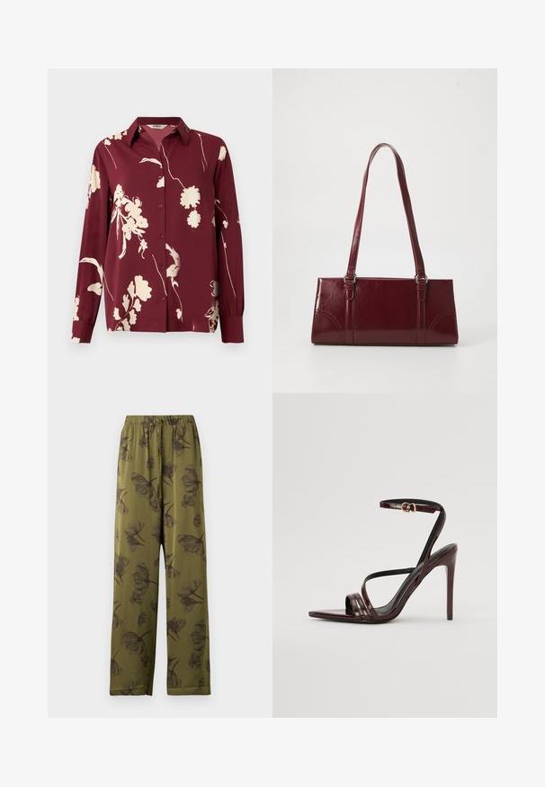 Bordeaux langemouwen shirt met florale crèmeprint, met knoopsluiting, puntige kraag en details van elastische manchetten. Soepele, lichtgewicht stof.; Olijfgroene wijde broek met elastische tailleband en zwart bloemenprint.; Bordeaux gepatineerde leren hoge hakken sandaal met een enkelbandje, puntige neus en drie horizontale banden over de voet. Details met gouden gesp.; Bourgondische handtas van glanzend materiaal, rechthoekige vorm, met twee schouderbanden en subtiele gebogen accenten aan de voorkant.