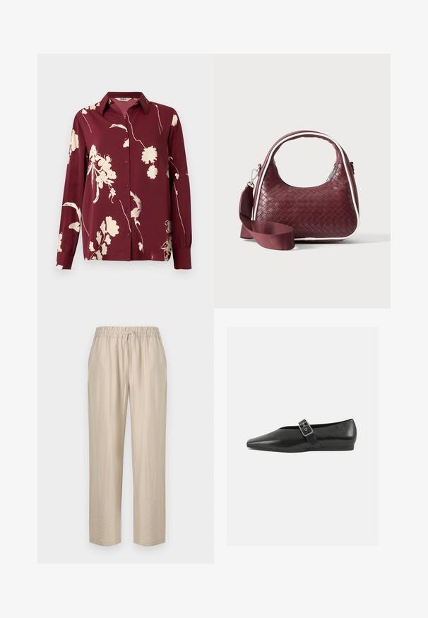 Chemise à manches longues bordeaux avec un motif floral crème, fermeture à boutons, col pointu et détails de poignets élastiques. Tissu lisse et léger.; Pantalons beiges légers avec une taille élastique et un cordon de serrage ajustable. Design à jambes droites avec une texture lisse.; Chaussure plate en cuir noir avec un orteil pointu, présentant une sangle à boucle métallique sur le cou-de-pied et une semelle basse et flexible.; Sac à main en cuir tressé marron foncé avec poignée courbée, garniture blanche, fermeture éclair argentée et bandoulière large en tissu amovible sur fond uni.