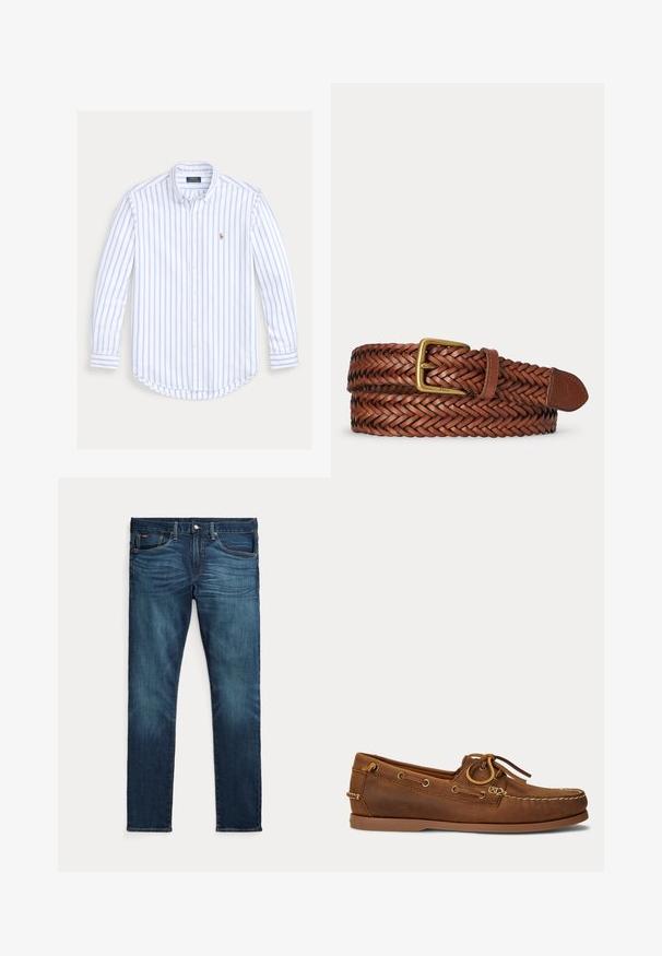 Langærmet skjorte med knapper, lyseblå lodrette striber og et lille broderet logo på venstre bryst.; Mørkeblå slim-fit jeans med frontknap og lynlås, fem lommer og subtil falmen på forreste lår og knæ.; Brun læder bådsko med mokasinsyning, snøredetalje træde gennem metaløjer og flad gummi sål vist fra siden.; Flettet brun læderbælte med messing spænde og læderende, rullet sammen på hvid baggrund.