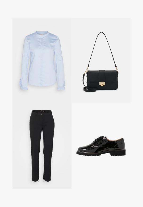 Chemise à manches longues bleu clair en tissu lisse avec un col rond, une fermeture par boutons et des accents froncés aux poignets.; Pantalons noirs à coupe slim, fabriqués en tissu extensible, dotés d'une fermeture à boutons et de zips au niveau des chevilles pour un ajustement réglable.; Chaussures à lacets en cuir verni noir avec un bout rond, des détails en brogue, une semelle en caoutchouc et une finition texturée. Accentué par de petits œillets.; Sac à épaule noir en simili cuir de forme rectangulaire, avec des accessoires en or, une fermeture magnétique et une bandoulière amovible. Détails de surface texturée.