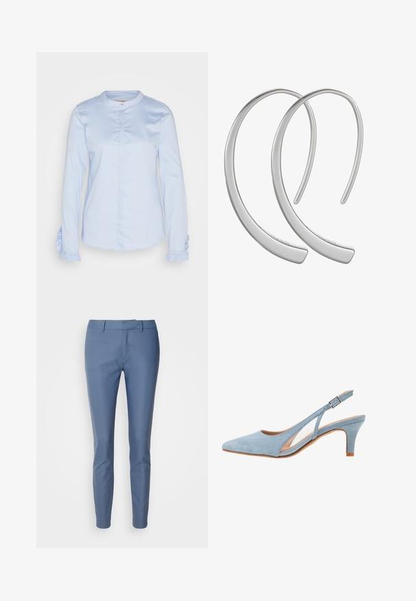 Hellblaues Langarmhemd aus glatter Baumwolle mit rundem Kragen, Knopfverschluss und Rüschendetails an den Bündchen.; Maßgeschneiderte blaue Hosen aus glattem Stoff, mit slim fit, flachem Bund und Gürtelschlaufen; keine sichtbaren Muster oder Akzente.; Himmelblauer Suede Slingback-Absatzschuh, spitze Zehenform, verstellbarer Knöchelriemen mit metallischer Schnalle, natürliche beige Innensohle und niedriger Absatz.; Silberne Metall-Hoops Ohrringe mit einer glatten, glänzenden Oberfläche und einer gewölbten Mondform, die ein minimalistisches Design aufweisen und keine sichtbaren Muster haben.