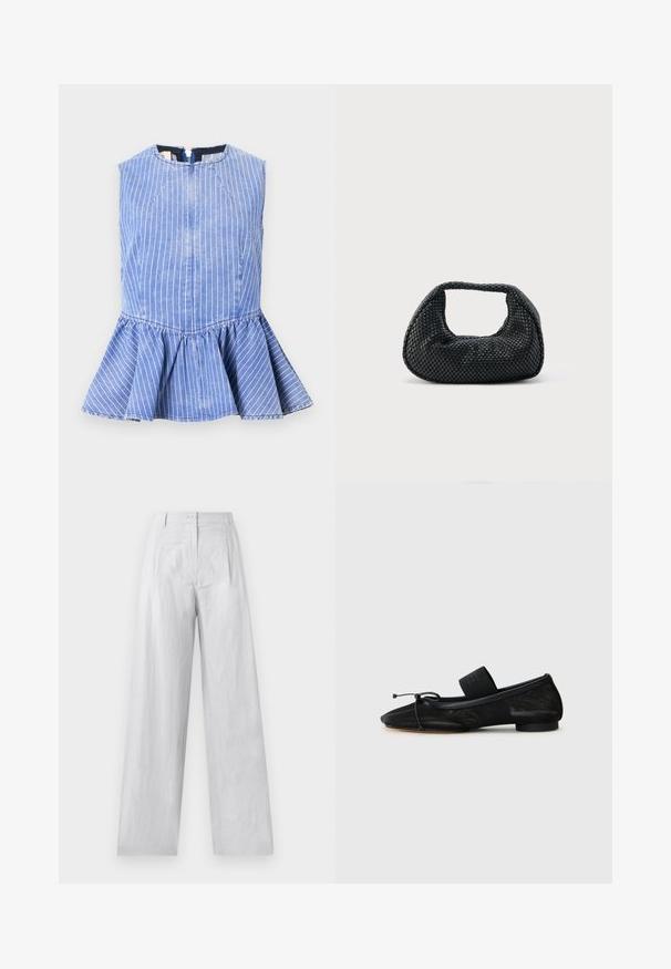 Haut en denim bleu sans manches avec des rayures verticales blanches et un ourlet évasé à basque, doté d'une fermeture éclair au dos.; Pantalons larges en lin blanc avec une fermeture à bouton sur le devant, des plis à la taille et un tissu légèrement texturé.; Chaussure plate noire avec un bout pointu, fabriquée en tissu texturé, avec un accent à nœud et un petit talon rond. Sangle élastique au niveau de la cheville.; Sac hobo tissé noir avec une structure souple et une poignée intégrée, présenté sur un fond clair uni.