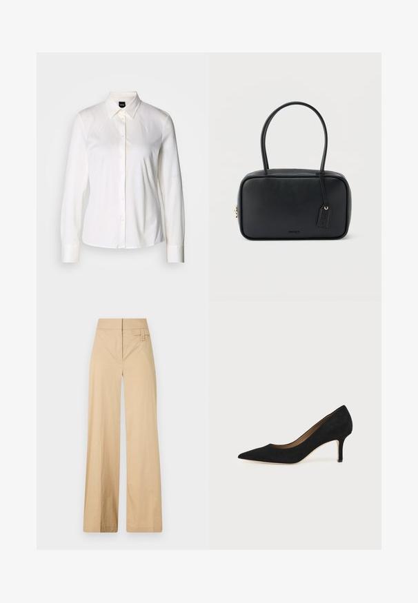 Weißes Langarmhemd mit Knöpfen, klassischem Kragen und weichem Baumwollstoff, mit slim fit und einfachem Design ohne Muster.; Beige weite Hosen aus Baumwollmischgewebe. Sie haben eine glatte Textur, einen elastischen Bund und eine seitliche Knopfdetail.; Schwarzer Wildleder-Pumps mit spitzer Schuhspitze, schlankem mittelhohem Stiletto-Absatz und tiefem Ausschnitt auf einfachem Hintergrund.; Schwarze rechteckige Handtasche mit doppelten, abgerundeten Griffen, goldfarbenem Reißverschluss und geprägtem „HUGO“-Logo auf der Vorderseite sowie angebrachtem Lederanhänger.