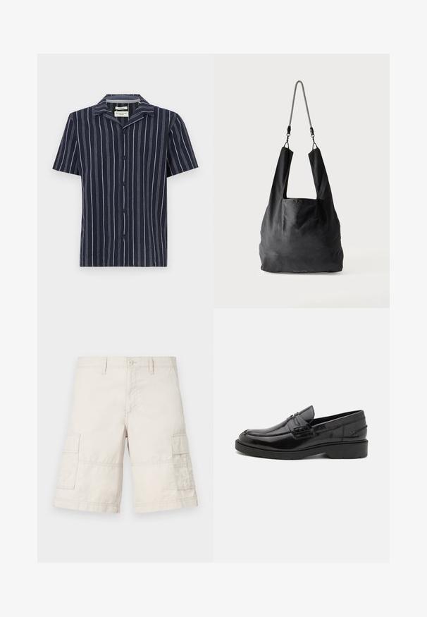 Chemise marine à manches courtes avec des rayures blanches verticales, un col en V et des boutons noirs à l'avant. Fabriquée en tissu léger.; Shorts cargo beiges en coton léger, dotés de deux poches latérales, d'un bouton de fermeture à l'avant et de détails de couture.; Mocassins en cuir noir avec une finition lisse, un bout rond, un petit talon et descoutures décoratives à l'avant. Semelle en caoutchouc pour l'adhérence.; Sac fourre-tout en tissu noir doux avec de larges anses et une fine bandoulière tressée noire et blanche.