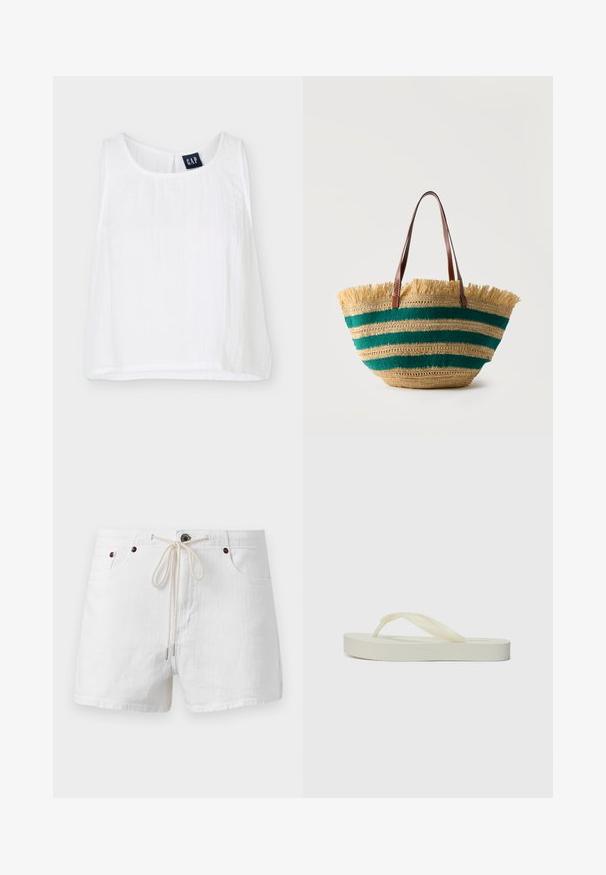 Wit mouwloos cropped topje met ronde hals en een GAP-merkenlabel aan de binnenkant van de kraag aan de achterkant.; Witte casual shorts met voorzakken en een trekkoord in de taille gestrikt in een strik, weergegeven tegen een effen achtergrond.; Lichtcrème flip-flop met een platte zool, dikke textuurbanden en een gladde afwerking. Zacht materiaal, minimalistisch ontwerp en geen opvallende branding.; Geweven strooien draagtas met groene horizontale strepen, franjes aan de bovenkant en twee bruine leren schouderbanden.