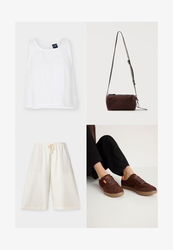 Wit mouwloos cropped topje met ronde hals en een GAP-merkenlabel aan de binnenkant van de kraag aan de achterkant.; Wijdvallende, knielange offwhite shorts met elastische tailleband en trekkoord, getoond op een effen lichte achtergrond.; Bruine suède sneakers met een ronde neus, textuur bovenkant en oranje accenten. Voorzien van platte veters en een rubberen zool.; Donkerbruine suède cilindervormige crossbodytas met verstelbare dunne leren riem en bovenritssluiting.