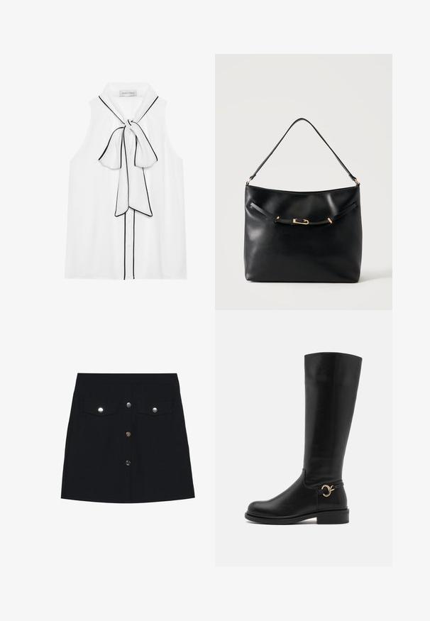 Hvid ærmeløs bluse med en sløjfe-detalje ved halsen, der har sort piping, knaplukninger og et glat, let stof.; Sort denim miniskirt med lige snit, der har to brystlommer, fem sølvfarvede knappelukninger foran og en glat overflade.; Anna Field Wide Fit by Zalando Høje støvler/ Støvler - black; Sort skuldertaske i læder med en enkel strop og en lille guldlåsdetalje foran mod en ensfarvet lys baggrund.