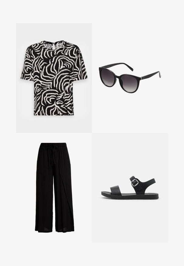 TOM TAILOR EASY SHAPE - Blúzka - black; Čierne široké nohavice vyrobené z ľahkej tkaniny, s elastickým pásom a šnúrkou, s voľným strihom a drapériou.; Čierne sandále s plochou podrážkou, nastaviteľnou prackou, dvoma širokými popruhmi a hladkým povrchom, navrhnuté pre pohodlie a jednoduché obúvanie.; Čierne slnečné okuliare v štýle mačacích očí so zatmavenými šošovkami, plastový rám, hladký povrch a strieborné akcenty na straniciach.