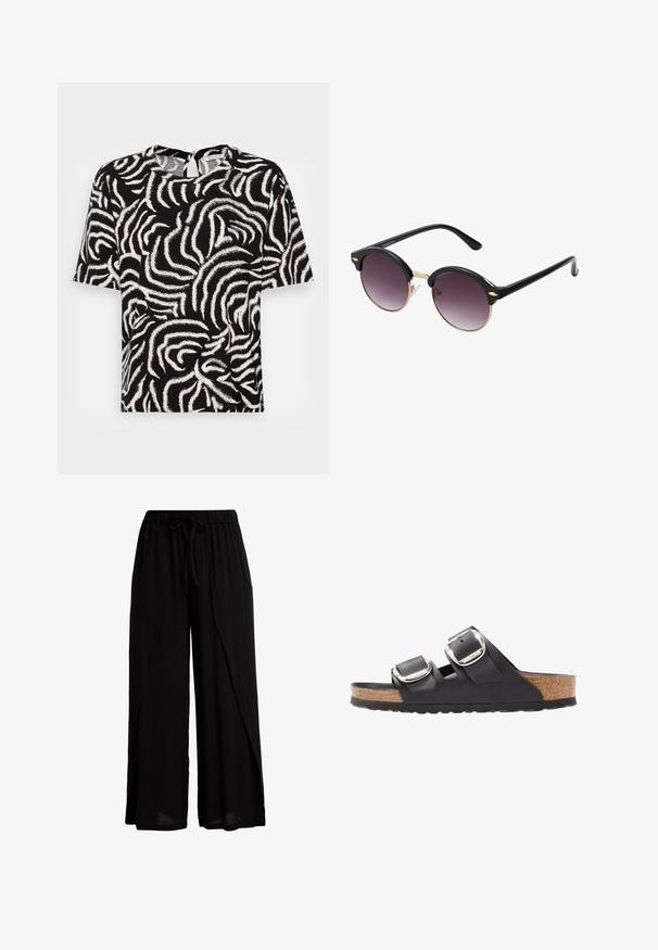 TOM TAILOR EASY SHAPE - Bluse - black; Schwarze, weit geschnittene Hose aus leichtem Stoff, mit elastischem Bund und Kordelzug, im entspannten Schnitt und drapiertem Design.; Schwarze Sandale mit zwei verstellbaren Riemen, silbernen Schnallen und einem Korkfußbett auf einer strukturierten schwarzen Gummisohle.; Runde Sonnenbrillen mit schwarzen Kunststoffrahmen und dunkel lila Verlaufslinsen. Goldene Metallakzente am Rahmen. Dünne schwarze Bügel.