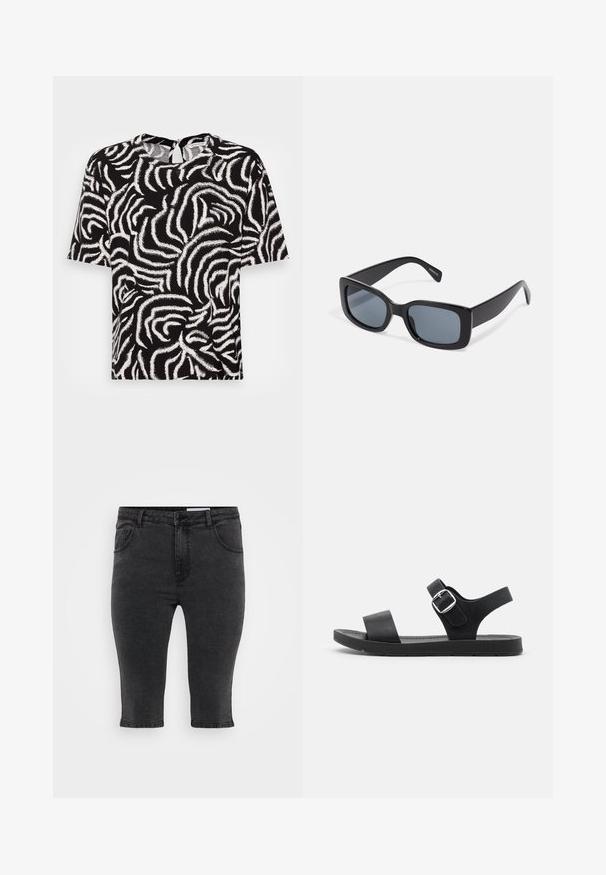 TOM TAILOR EASY SHAPE - Bluse - black; Sorte denim capri-bukser med lige skæring, fem lommer og tonalt syning. Stoffet har en let tekstur og et klassisk design.; Sorte sandaler med flad sål, justerbar spænde, to brede stropper og glat overflade, designet til komfort og nem brug.; Sorte rektangulære solbriller med mørkt tonede linser, tyk plastramme og brede stænger. Glat overflade og kantet design.