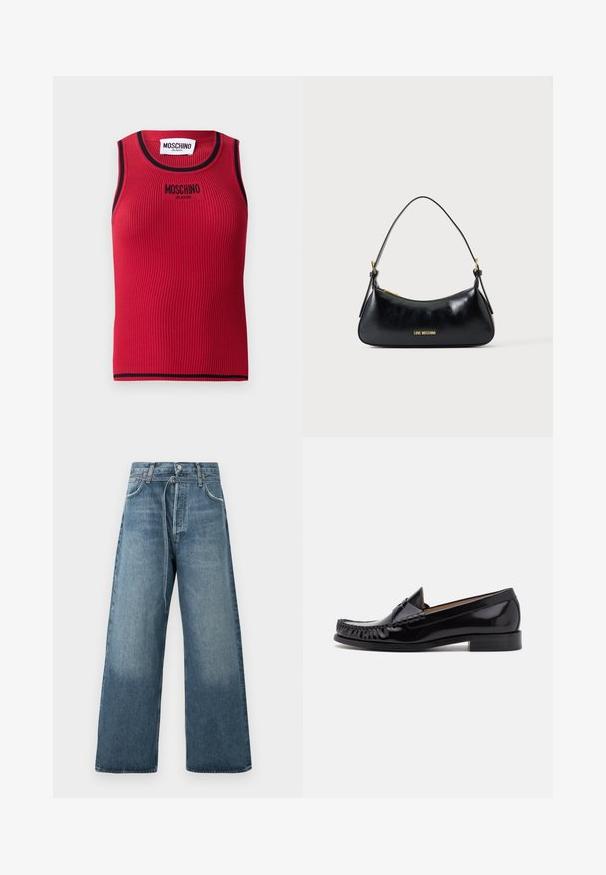 Débardeur côtelé rouge avec bords noirs, arborant un logo "MOSCHINO JEANS" brodé sur le devant. Design sans manches, silhouette cintrée.; Jeans évasés bleu en délavé, fabriqués en denim avec des accents de couture visibles et une fermeture à bouton à la taille.; Mocassin en cuir noir avec une finition brillante, présentant des franges à l'avant et un petit talon empilé.; Sac d'épaule en cuir noir avec fermeture éclair dorée et logo "LOVE MOSCHINO" sur le devant, doté d'une poignée supérieure incurvée.