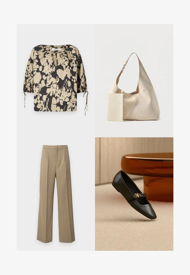 Blouse à fleurs noire et beige avec une coupe décontractée, un col rond et des manches bouffantes. Dotée de liens au niveau du col et de poignets élastiques.; Pantalons larges beige en tissu texturé. Avec des plis sur le devant et une taille plate. Pas de fermetures ni de poches visibles.; Chaussure plate en cuir noir avec bout pointu et logo CK doré sur la bride, posée sur un tapis beige près d'une table ronde couleur ambre brun.; Sac hobo en tissu beige avec bandoulière réglable et petite pochette rectangulaire zippée assortie attachée.