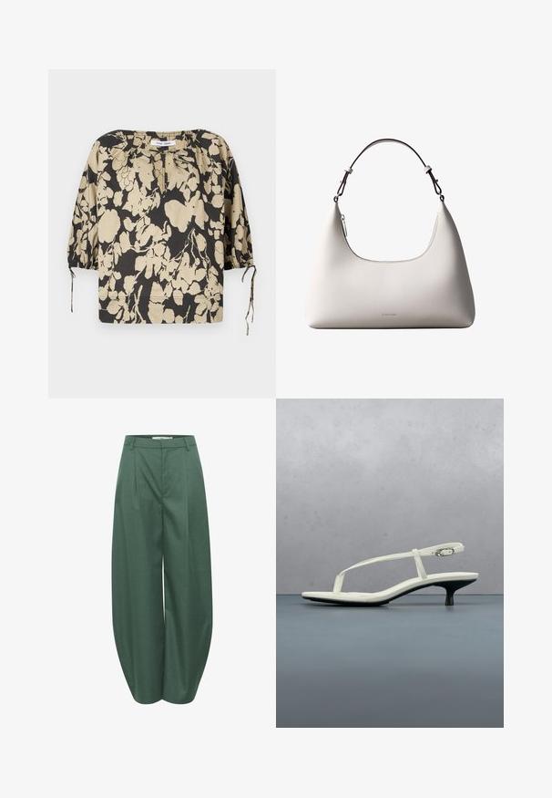 Blusa floral en negro y beige con un corte holgado, escote redondo y mangas abullonadas. Cuenta con lazos en el escote y puños elásticos.; Gestuz CALLIA BARREL PANTS - Pantalones - posy green melange; Sandalia blanca de tacón kitten con tiras y punta afilada, flotando sobre un suelo de baldosas de madera al aire libre, con un fondo desenfocado de plantas y pared.; Bolso de hombro de cuero color crema de Calvin Klein con borde superior curvado, cremallera plateada y correa ajustable marrón oscuro.