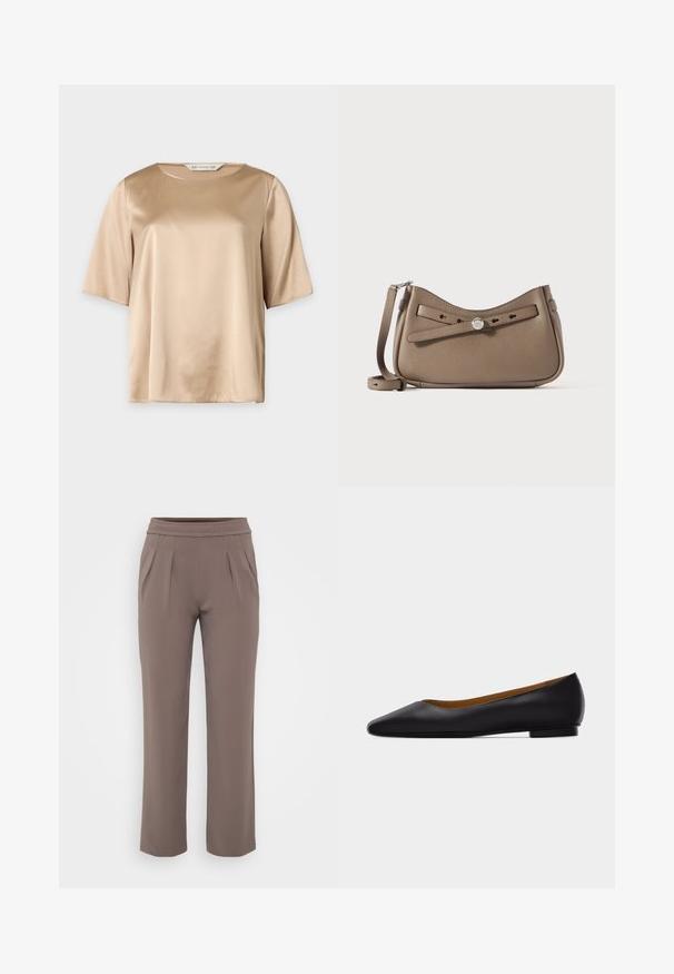 Blusa de satén beige de manga corta, con escote redondo, textura suave y ajuste holgado, presentada sobre un fondo liso.; Pantalones sueltos color topo con cinturilla elástica y pliegues frontales, hechos de una tela suave.; Zapato plano de punta puntiaguda de cuero negro con tacón bajo y acabado liso, mostrado de perfil sobre un fondo gris claro.; Bolso de piel en taupe con detalle de lazo en la parte delantera, presentando una silueta curvada, correa ajustable y herrajes metálicos.