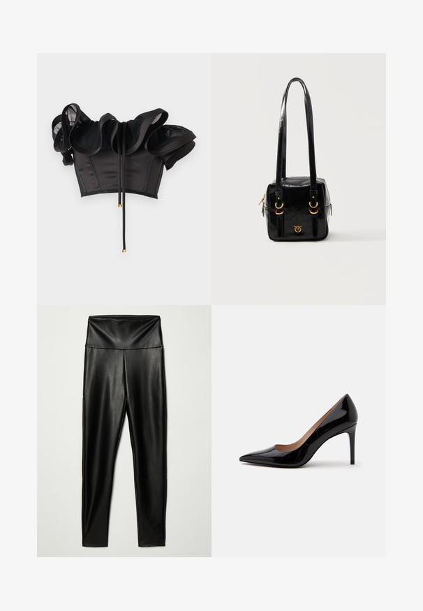 Zwarte off-shoulder cropped top met gerimpelde mouwstukken van gaas en voorstrikken met gouden metalen uiteinden, getoond op een effen lichte achtergrond.; Zwarte nepleer legging met een hoge tailleband, met een gladde textuur en een aansluitende pasvorm, die tot de enkels reikt.; Zwarte lakleren pump met hoge hak, spits toelopende neus en naaldhak, zij-aanzicht op een effen witte achtergrond.; Zwarte glanzende leren vierkante handtas met lange riemen, gouden metalen ringen, ritssluiting en een klein goudkleurig logo aan de voorkant.