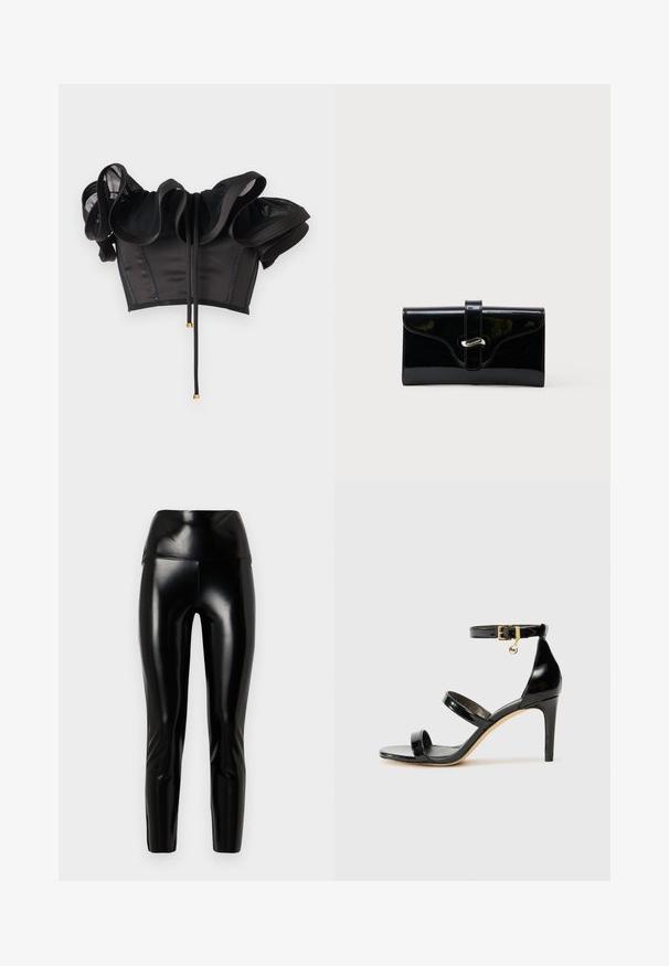 Sort off-shoulder crop top med flæset mesh-ærmer og forfra bindebånd med guldfarvede metalender, vist mod en ensfarvet lys baggrund.; Sorte faux læder leggings med høj talje, glat tekstur, tætsiddende ben og en blank finish. Ingen synlige sømme eller udsmykninger.; Sorte patenterede lædersandaler med tre stropper, ankelspænde og 10 cm stiletthæl. Har detaljer i guld og et logo charms.; Sort blank rektangulær pung med forreste rem og sølvfarvet metalspænde, sat mod en ensfarvet hvid baggrund.