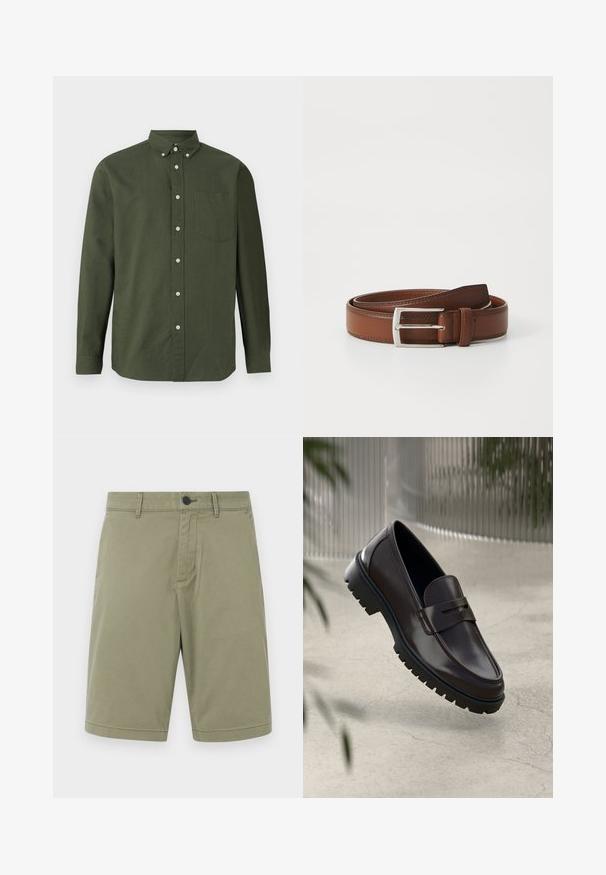Chemise boutonnee vert fonce avec manches longues, col, poche poitrine unique et accents de boutons blancs ; fabriquée dans un tissu léger.; Shorts en kaki en coton, dotés de passants de ceinture, d'un bouton avant et d'un design à l'avant plat avec une finition soignée et sans poches.; Mocassins en cuir marron avec une semelle en caoutchouc texturée et striée. Présente un design épuré et une sangle décorative sur le cou-de-pied.; Ceinture en cuir brun au fini lisse, avec une boucle en métal argenté et une couture subtile le long des bords. Design classique et durable.