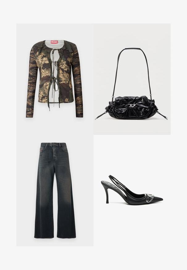 Camo-print langærmet top med rund halslinning, snøre foran, tætsiddende design og kontraststrukturerede ærmer.; Vidbenede jeans i mørk vaskede denim med en diskret falmet tekstur, der har en knapgylp og baglommer med syningsdetaljer.; Sorte slingback højhælede sko med spids tå, der har en skinnende sølvspænde detalje og en slank hæl. Glat lædertekstur, minimalistisk design.; Sort læderhåndtaske med et opsamlet design og sløjfedetalje foran. Har en kort hank og sølvfarvede hardware-accenter.