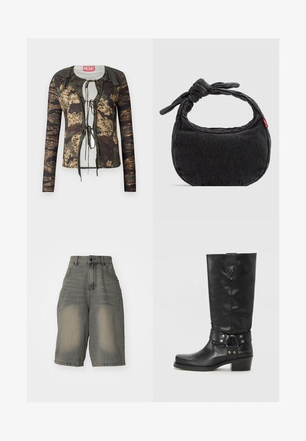 Langärmliges Oberteil mit Tarnmuster, rundem Halsausschnitt, Kordelzug vorne, figurbetontem Design und kontrastierenden strukturierten Ärmeln.; Jaded London LIGHT WASH JUMBO JORTS - Jeans Shorts - light wash; Schwarze kniehohe Stiefel aus Leder mit runder Zehe, einem Riemen mit silberner Hardware und einem niedrigen, gestapelten Absatz. "REPLAY MFG. CO" ist an der Seite eingraviert.; Kleine schwarze Jeans-Umhängetasche mit geknotetem Riemen und Reißverschluss, mit einem roten Levi's Stoffetikett an der Seite.