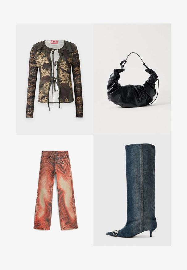Camo-print langærmet top med rund halslinning, snøre foran, tætsiddende design og kontraststrukturerede ærmer.; Denim jeans med et dristigt rødt og beige swirl-mønster, bred ben-design, forlommer og traditionel knap-og lynlås lukning.; Denim knæhøj støvle med spids tå, sølvfarvet hardware detalje, slank kitten-hæl og en glat, tekstureret finish.; Sort faux læder handbag med et blødt, samlet design og et fleksibelt håndtag, der fremviser en glat tekstur og en subtil glans.