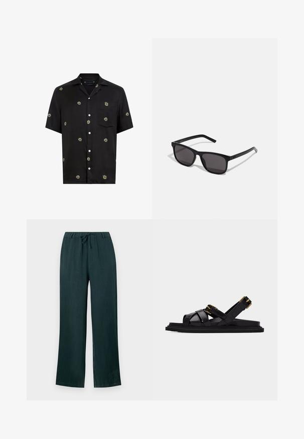 Chemise à manches courtes noire avec des imprimés de fleurs marguerites blanches et jaunes dispersés et une poche poitrine du côté gauche.; Pantalons en lin vert foncé avec une coupe décontractée, dotés d'une taille à cordon de serrage et de jambes larges, texture lisse, et sans motifs visibles.; Sandale en cuir noir avec des lanières croisées et deux fermetures à boucle dorée sur une semelle plate, présentée en profil latéral sur un fond blanc.; Lunettes de soleil rectangulaires noires avec des verres foncés. Fabriquées en plastique, avec des branches droites et un branding minimal sur le côté.
