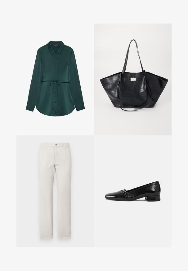 Overhemd met lange mouwen van donkergroen satijn, met een kraag, knoopsluiting, taillekoord en een afgeronde zoom voor een ontspannen pasvorm.; Rechtrand beige broek met riemlussen, knoopsluiting aan de voorkant en ritssluiting op een effen witte achtergrond.; Zwarte laarzen van gepatenteerd leer met een puntige neus, een lage vierkante hak en een kleine metalen gespdetail op de band. Gladde textuur.; Zwarte tote bag met een krokodillenpatroon, gladde textuur, dubbele schouderbanden en een centrale goudkleurige hardware detail.