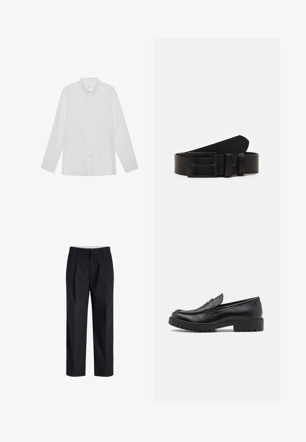 Chemise blanche à manches longues en tissu lisse, dotée d'un col pointu, d'une fermeture à boutons sur le devant et de poignets à un bouton.; Pantalon noir à jambes droites avec taille, passants de ceinture, fermeture éclair à l'avant et poches latérales, présenté sur fond blanc.; Mocassins en cuir noir avec un bout arrondi, un design à enfiler et une semelle en caoutchouc épaisse avec une texture antidérapante. Talon surélevé et détails de surpiqûre subtils.; Ceinture en cuir noir roulée avec une boucle en métal rectangulaire noir mat et deux passants sur fond blanc.