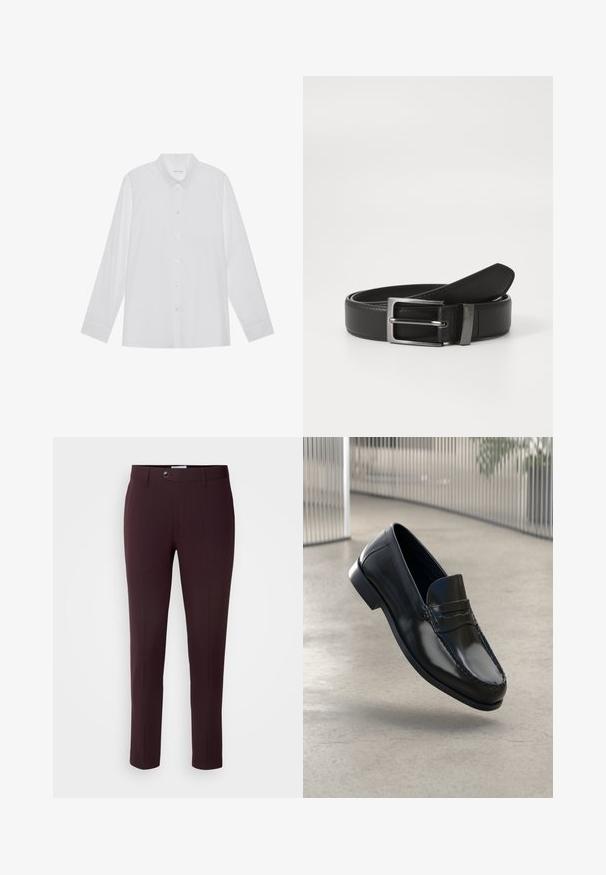 Chemise blanche à manches longues en tissu lisse, dotée d'un col pointu, d'une fermeture à boutons sur le devant et de poignets à un bouton.; Pantalons bourgogne foncé à coupe slim, avec une fermeture à bouton, des passants de ceinture et des plis à l'avant. Tissu lisse avec un design élégant.; Mocassins en cuir noir à finition lisse, bout arrondi, coutures décoratives et semelle extérieure légèrement surélevée.; Ceinture en cuir noir avec une boucle en métal argenté, présentant une finition lisse et un design classique. La ceinture est soigneusement pliée.