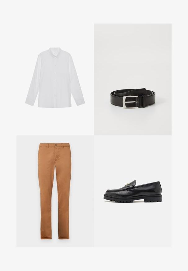 Chemise blanche à manches longues en tissu lisse, dotée d'un col pointu, d'une fermeture à boutons sur le devant et de poignets à un bouton.; Chinos en coton marron avec une coupe slim, dotés d'une fermeture à bouton, de poches latérales et d'une texture lisse.; Mocassins en cuir noir avec une finition lisse, bout rond, une sangle décorative avec des accessoires en or, et une semelle noire robuste.; Ceinture en cuir noir avec une texture lisse, comportant une boucle en métal argentée de forme rectangulaire et un design classique.