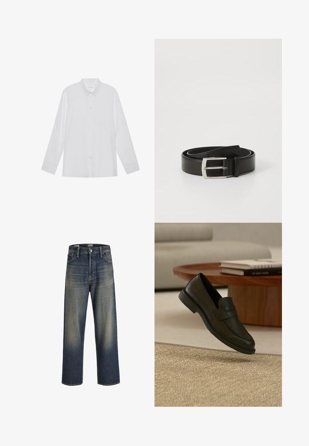 Hvid langærmet skjorte lavet af glat stof, med spidse krave, frontknaplukning og enknapsmanchetter.; Bredde ben jeans i mørkeblå denim med en gradient finish, der har en knaplukning, fem lomme-design og strukturerede syninger.; Sort læderloafer vist i luften over en beige vævet tæppe, med et træbord og stablede bøger i et blødt oplyst stue.; Sort læderbælte med en glat overflade, der har en rektangulær sølvmetal spænde og et klassisk design.