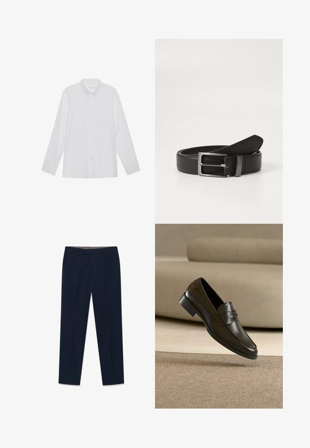 Chemise blanche à manches longues en tissu lisse, dotée d'un col pointu, d'une fermeture à boutons sur le devant et de poignets à un bouton.; Pantalon de costume bleu marine en tissu lisse, doté d'une taille plate, de passants pour ceinture et de jambes droites à coupe ajustée.; Mocassin en cuir noir flottant au-dessus d'un tapis beige avec un canapé beige en arrière-plan, mettant en valeur le design classique pour hommes sans lacets.; Ceinture en cuir noir avec une boucle en métal argenté, présentant une finition lisse et un design classique. La ceinture est soigneusement pliée.
