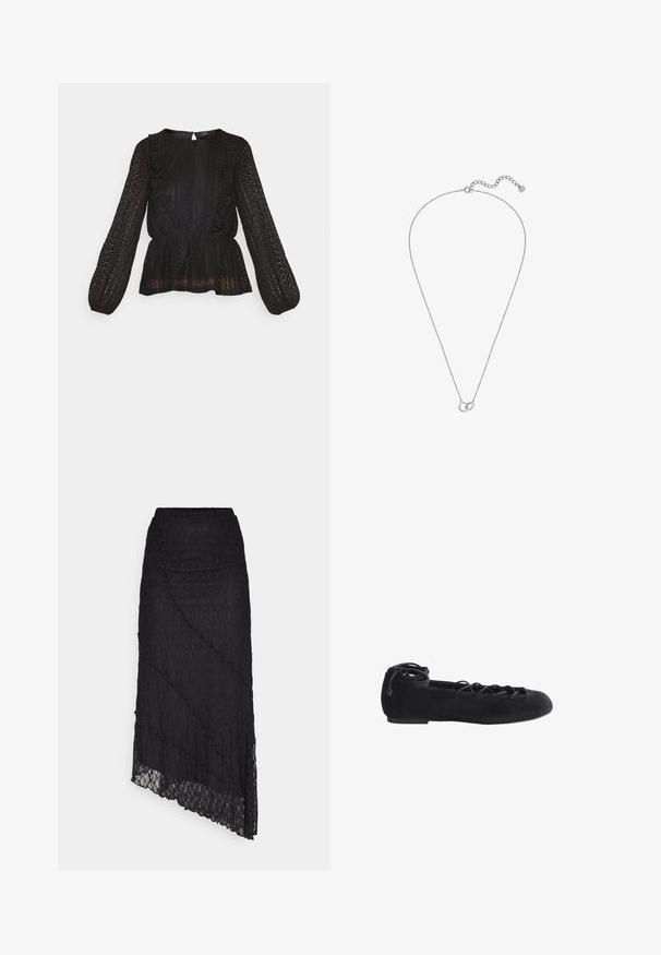 Vero Moda VMHONEY - Bluse - black; ONLY ONLKIM SLIT - Maxinederdele - black; Sort flad balletsko med krydsede ankelbånd og rundet tå, set fra siden på en hvid baggrund.; Delikat sølvkæde med to små sammenlåste ringe som vedhæng og justerbar lås på hvid baggrund.