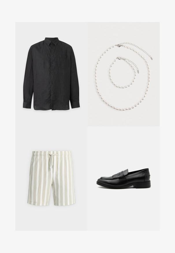 Chemise noire à manches longues avec boutons, poche poitrine gauche à l'avant et col classique, présentée sur un fond clair uni.; Shorts décontractés pour hommes avec des rayures verticales beige et blanc et une taille à cordon, sur un fond clair uni.; Mocassin homme en cuir noir avec détail pompon, bout arrondi, talon bas et finition polie lisse, montré de profil sur fond blanc.; Collier de perles et bracelet assorti avec fermoirs en chaîne argentée disposés sur un fond blanc.