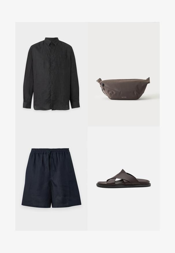 Chemise noire à manches longues avec boutons, poche poitrine gauche à l'avant et col classique, présentée sur un fond clair uni.; Shorts bleu marine décontractés avec taille élastique et cordon, tissu léger, longueur genou et coupe droite.; Stuart Weitzman BERKLEY - Mules - espresso; Sac banane en tissu marron foncé avec poche zippée en diagonale et petit logo blanc sur le devant, sur un fond clair uni.