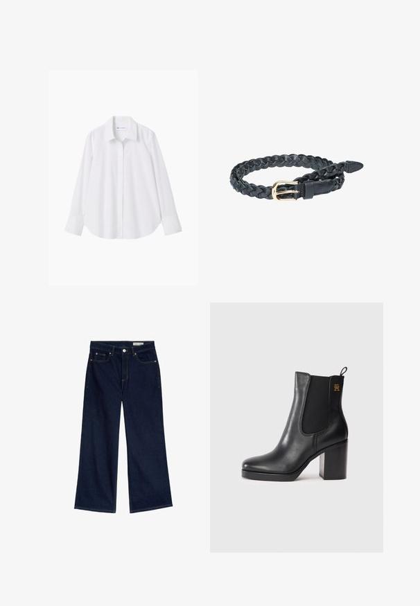 Hvid langærmet skjorte med knapper og spidse krave, skjulte knapper foran, lagt fladt på en ensfarvet baggrund.; Bredde ben mørkeblå denimjeans med høj talje, fem-lomme design, kobber nitter og kontrasterende gul syninger.; Sorte læder ankelstøvle med blokhæl, elastisk sidesk panel, trække-løkke og lille guldlogo på den øverste side.; Sort flettet læderbælte med guldmetal spænde, foldet på hvid baggrund.