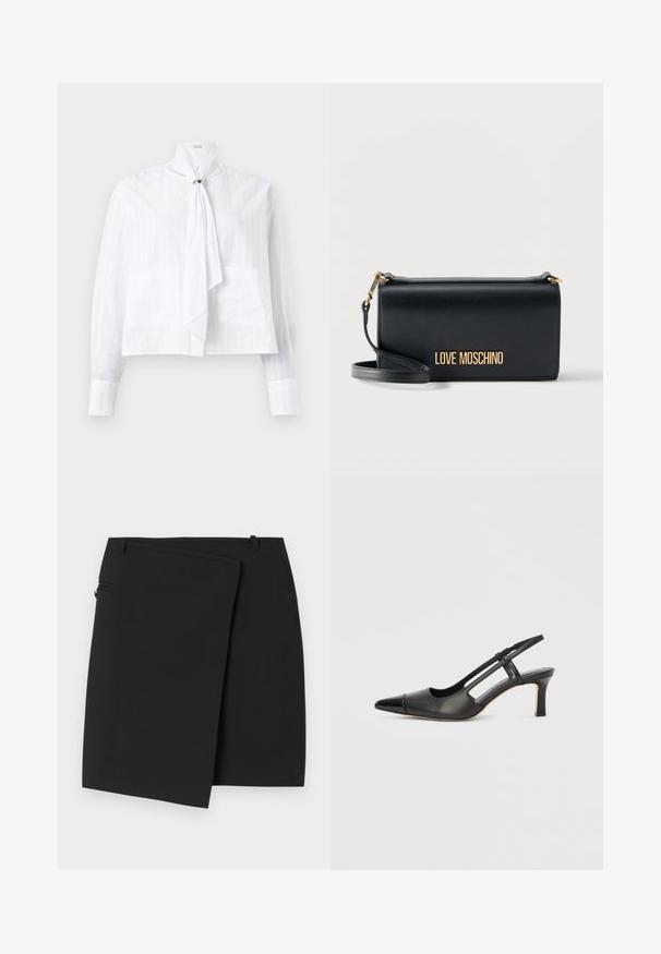 Blouse blanche en tissu léger avec un motif à rayures texturées, dotée de manches longues, d'un col haut et d'un détail de nœud.; Jupe portefeuille noire avec une texture lisse, dotée d'une fermeture éclair sur le côté et de deux passants de ceinture. Design simple sans motifs ni accents visibles.; Chaussure à bride arrière en cuir noir avec bout pointu, dotée d'un accent brillant sur le bout et d'un talon de hauteur moyenne. Design latéral ouvert.; Pochette rectangulaire en cuir noir avec logo doré "LOVE MOSCHINO" et bracelet détachable, sur fond blanc.