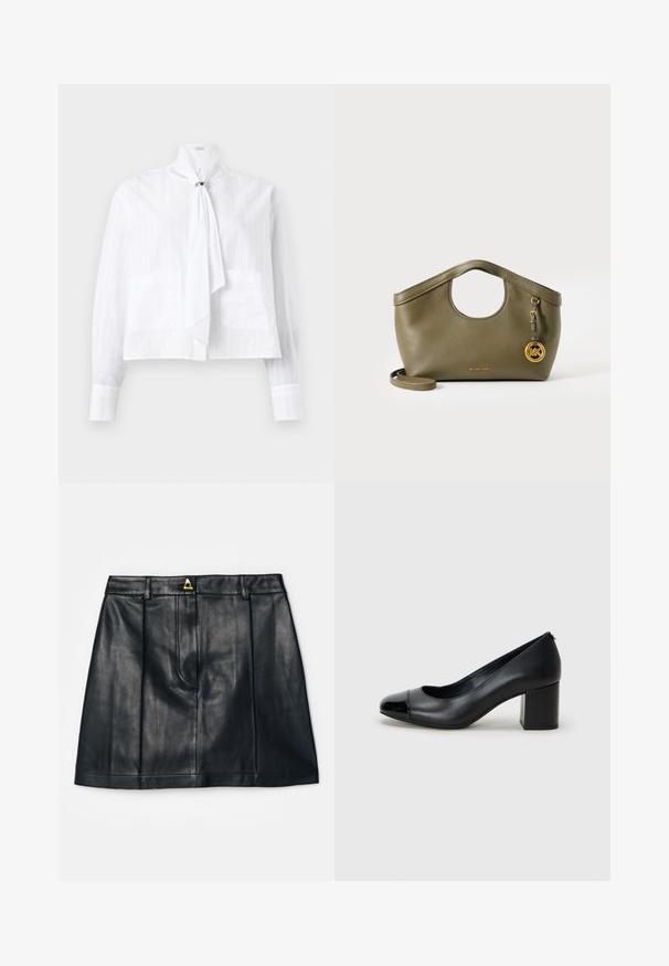 Witte blouse van lichtgewicht stof met een gestructureerd gestreept patroon, voorzien van lange mouwen, een hoge kraag en een gebonden accentdetail.; AERON RUDENS SKIRT - A-lijn rok - black; Zwarte leren pump met een glanzend zwart neuskap en robuuste hak. Glad textuur en afgerond ontwerp met een subtiele opening aan de voorkant.; Olijfgroene leren handtas met ronde uitsnede in het handvat, gouden MK-logo hanger en afneembare schouderriem op een witte achtergrond.