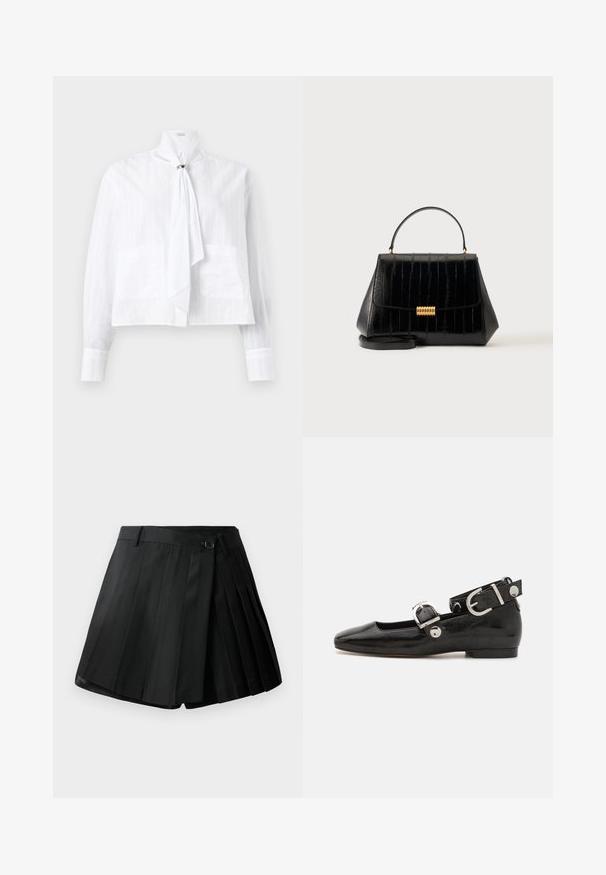 Blouse blanche en tissu léger avec un motif à rayures texturées, dotée de manches longues, d'un col haut et d'un détail de nœud.; Shorts plissés noirs avec un devant plat, fermeture à bouton et tissu léger. Détails avec des plis marqués et un ourlet net.; Ballerine en cuir verni noir avec un bout carré, sangle de cheville avec des détails en métal argenté et semelle plate. Texture lisse avec un design minimaliste.; Sac à main en cuir noir avec poignée supérieure, fermoir doré et bandoulière amovible sur un fond clair uni.