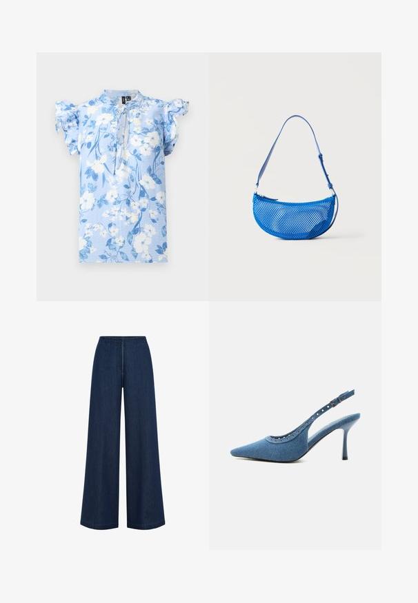 Lyseblå bluse med blomster i hvidt og blåt, flæseærmer og bindedetalje ved halsen på en ensfarvet baggrund.; Bredde jeans i mørkeblåt med lige snit, lavet af denim. Har en høj talje og diskret syning. Ingen synlig hardware.; Blå denim spids tå slingback sko med høj hæl, sølv øjendesign og justerbar spænde.; Blå net skuldertaske med justerbar rem og lynlåslukning, vist mod en ensfarvet hvid baggrund.