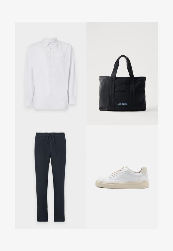 Stribet button-up skjorte lavet af letvægtsstof, med en brystlomme, lange ærmer og krave i lyseblå og hvide nuancer.; Mørk marineblå linnedbukser med elastisk talje, lige ben-design og minimal tekstur. Ingen synlige mønstre eller hardware-detaljer.; Hvide sneakers med en glat læderoverdel, beige snørebånd og en tekstureret beige ruskindsheel-tab. Hævet sål for ekstra højde.; Sort lærredstaske med to håndtag, forlomma og "LES DEUX" broderet i blåt på forlommen.