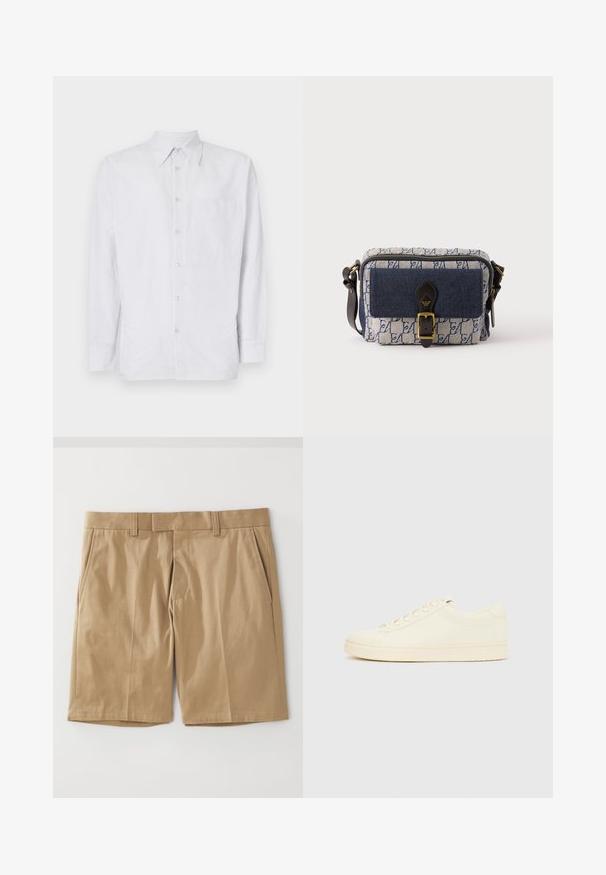 Stribet button-up skjorte lavet af letvægtsstof, med en brystlomme, lange ærmer og krave i lyseblå og hvide nuancer.; Khaki shorts med en glat, vævet tekstur, der har to sidelommer og en lige snit, designet med en flad talje og bæltestropper.; Sneaker i cremefarve med en glat læderoverdel, rundet tå, snørelukning foran og en tekstureret gummisål. Minimalistisk design uden logoer.; Lille rektangulær blå og hvid mønstret crossbody taske med forreste navy lomme, sort læder spænde rem og justerbar skulderrem.
