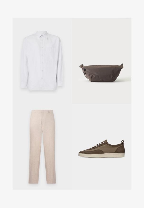 Chemise à rayures en tissu léger, dotée d'une poche poitrine, de manches longues et d'un col, dans des tons de bleu clair et de blanc.; Pantalons taillés beige clair en tissu texturé. Design à jambe droite avec deux poches avant et un devant plat. Pas de matériel visible.; Baskets basses marron à profil bas avec lacets blancs, semelle beige, dessus en tissu et daim, languette latérale et logo "Tiger of Sweden" en texte doré.; Sac banane en tissu marron foncé avec poche zippée en diagonale et petit logo blanc sur le devant, sur un fond clair uni.