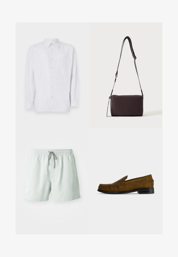 Gestreifte Button-up-Bluse aus leichtem Stoff, mit Brusttasche, langen Ärmeln und Kragen in hellblauen und weißen Tönen.; Hellgrüne Badeshorts mit einem elastischen Bund, verstellbarem Kordelzug und Seitentaschen. Glatte Textur, Länge über dem Knie.; Brauner Velours-Herrenloafer mit schwarzer Sohle, Mokassin-Nähten und kleinem Stoffetikett an der Seite, vor weißem Hintergrund dargestellt.; Dunkelbraune, strukturierte Leder-Crossbody-Tasche mit verstellbarem Riemen und kleinem dekorativen blauen Akzent an der Seite.